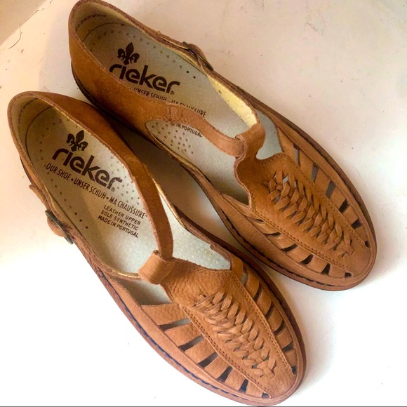 📌SOLD📌Vtg | Rieker Leather Minimalist Sandals Tan Cut Out Fisherman Vintage - Picture 4 of 12